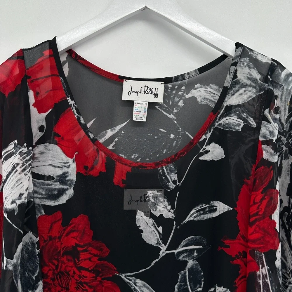 Joseph Ribkoff Top Shirt Size 10 Chiffon Overlay 3/4 Kimono Sleeve Romantic Boho - Picture 4 of 12
